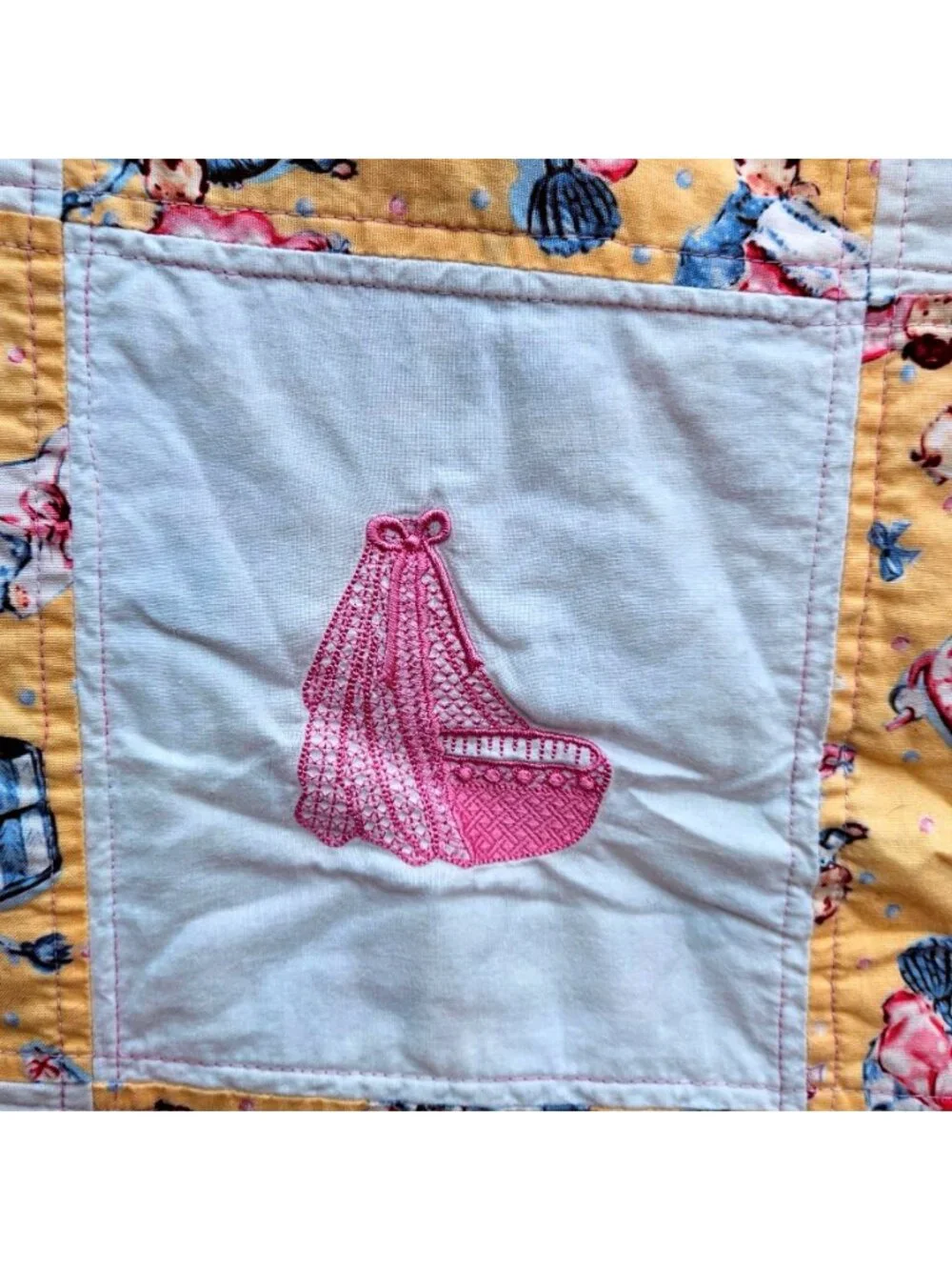 Vintage Baby Quilt Girl Pink Yellow Cotton Machine Embroidery 42x39